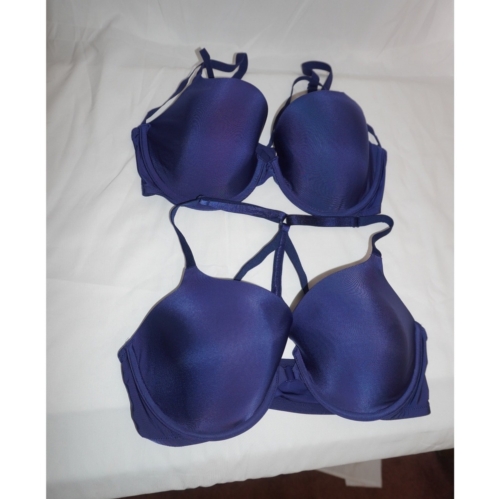 Victoria Secret Lot of 2 Royal Blue Underwire Padded Bras Front Close Strappy